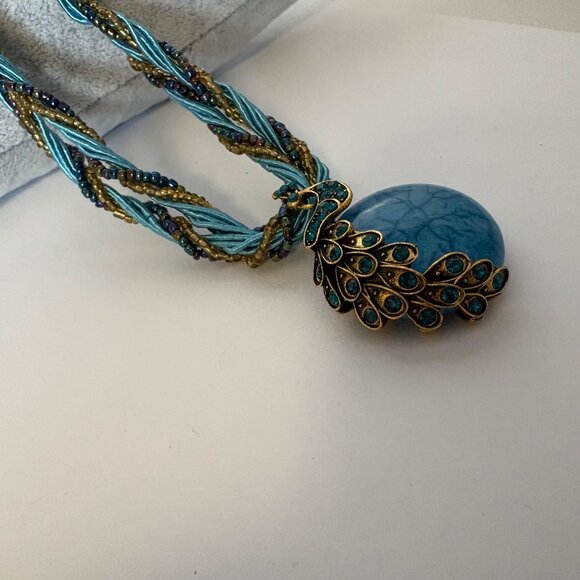 Blue Gold Tone Peacock Pendant Necklace Braided Beads Bohemian Statement NEW - Picture 3 of 7